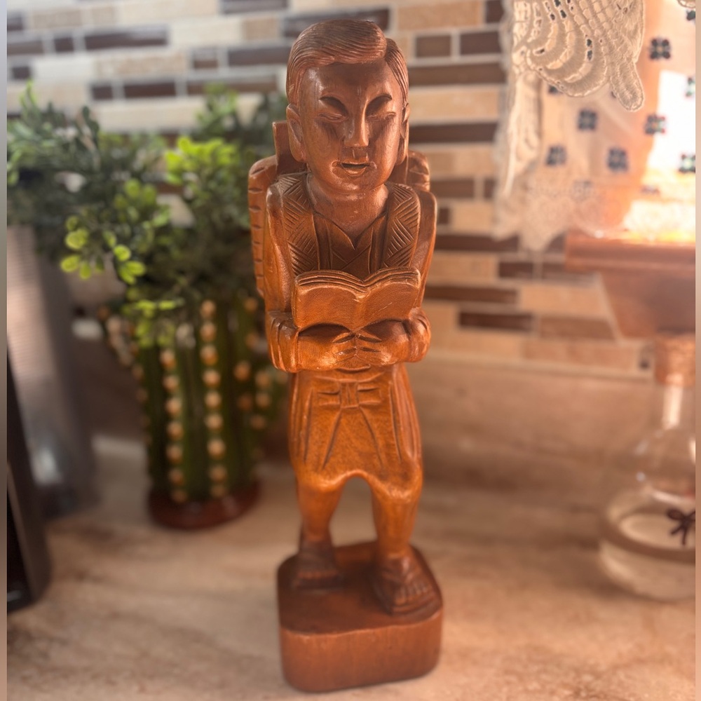 Vintage Wood Carved Statue Man Reading Book Hiking w/ Backpack 12" Tall Figurine